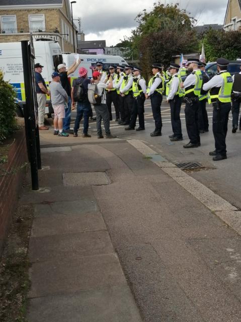 Today a crew of about 150 antifascists faced off against about 8 anti-LGBT goons in south London.
