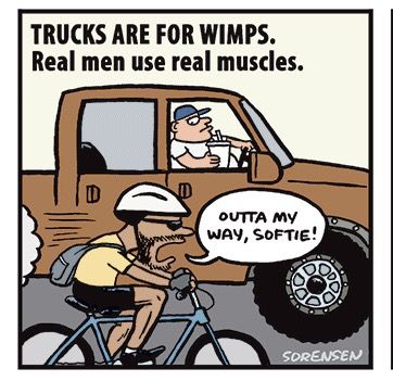 Obese man in pickup truck being owertaked by guy on bike. “outta my way, softie!” Says the bicyclists 