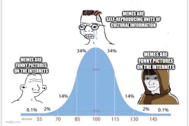 Bell curve image.
Brainlet wojak says: 
Memes are funny pictures on the internets
Crying nerd wojak says ”memes are self-reproducing units of cultural information”.
Enlightened hooded wojak says ”memes are funny pictures on the internets”