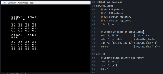 An mGBA emulator window showing a program running. Next to it, a text editor displaying ARM assembly code.