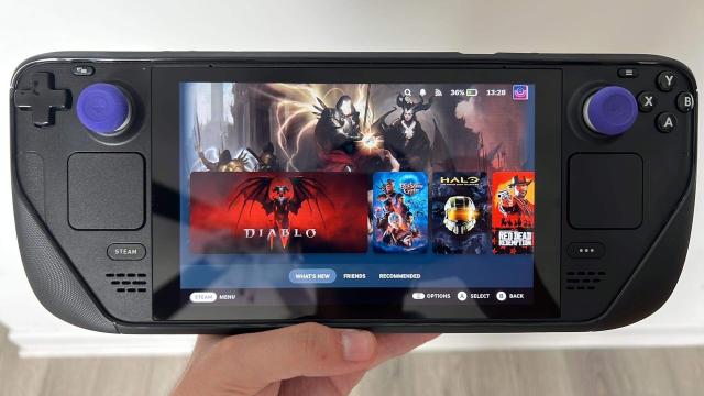 Custom Steam Deck with purple Skull & Co thumb sticks, JSAUX grip case and custom Decky Loader Home Screen. 
