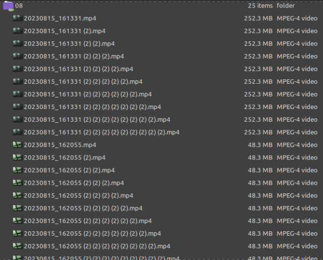 screenshot showing as many as nine unnecessary copies of a large video file having been uploaded, each one with another " (2)" added to the base name to indicate that there was a sync conflict (note: there was no sync conflict; it's the exact same file, uploaded from the same client)