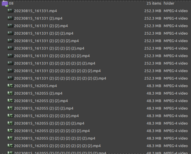 screenshot showing as many as nine unnecessary copies of a large video file having been uploaded, each one with another " (2)" added to the base name to indicate that there was a sync conflict (note: there was no sync conflict; it's the exact same file, uploaded from the same client)