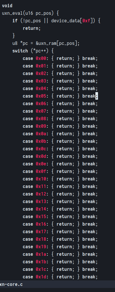 Image of C code with a long-ass switch statement, currently filled with return values... long road ahead!