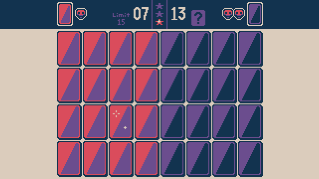 The Psycard board, in four colours. A grid of four rows of eight cards each, all face down, some with red backs, some with dark purple backs.  At the top a status panel says that one red card and two purple cards have skulls, the limit is 15, the players have 7 and 13 points respectively, and the user has one of three stars. One of the cards is sparkling. It's lo-fi pixel art, focusing on a clean and easy to read presentation.