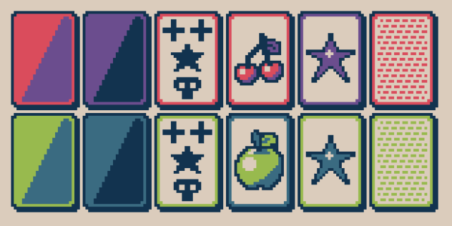 All the pixel art cards in two sets of colours. The first row is pink-red and purple, with a pair of cherries on the fruit card. The second row is apply green and teal, with a green apple for the fruit. In both cases the ink colour is dark grey-blue and the paper is a pale yellow.