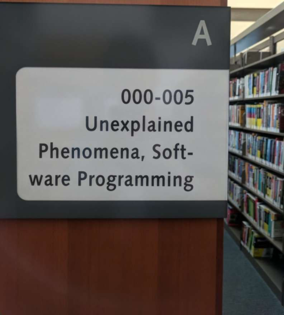 Library: 
shelves description:
A
000-005
Unexplained
Phenomena, Soft-
ware Programming