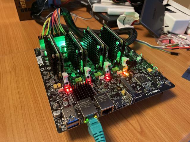 Turing Pi 2 cluster with 4 Raspberry Pi 4 Compute Modules.