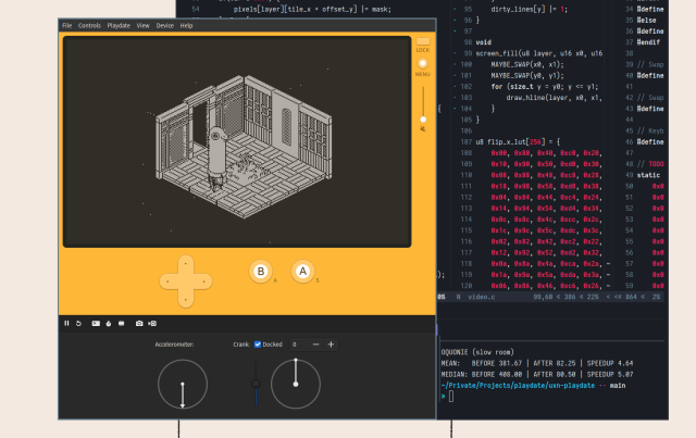 A screenshot of oquonie running on a playdate simulator, the performance numbers display a 4.64x performance increase from the previous test.