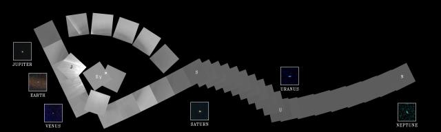 A 60 frame mosaic of mostly black-and-white photos showing Voyager 1's view of the solar system as it sailed toward interstellar space. Color call outs show frames with Jupiter, Earth, Venus, Saturn, Uranus, and Neptune.
