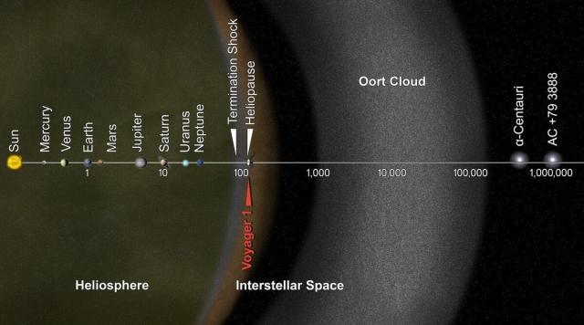 A color graphic produced by NASA which shows Voyager 1's distance from the Sun compared to other parts of the solar system and nearby stars. It is a log plot, so a wide range of distances are compressed onto a smaller scale. Each step on the horizontal axis corresponds to 10x the distance of the previous step. Voyager 1 is just outside 120 AU on this plot, in what is labeled "Interstellar Space," but it is still far from the inner edge of the Oort Cloud at around 1,000 AU. 
