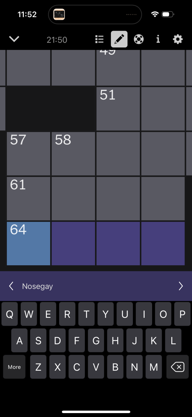 A screenshot of todays NYT crossword showing a clue with the text “Nosegay”