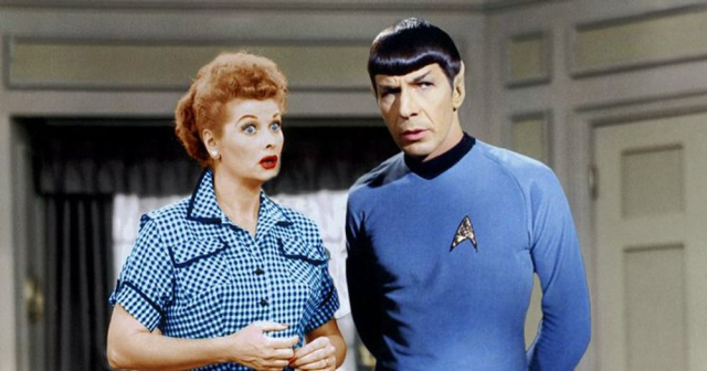 Lucille Ball (red hair, distinctive red lipstick) and Leonard Nimoy (as Spock) have been photoshopped together into a scene from I Love Lucy.
