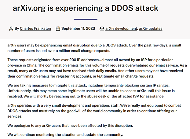 Image of notification of DDOD attack from arXiv website.