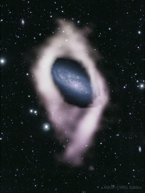 A galaxy with blue spiral arms is seen in the image center in the midst of numerous foreground stars. This galaxy is surrounded by a white envelope, which was found to be hydrogen gas.