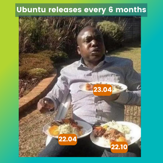 The title says: Ubuntu releases every 6 months.

Then there's a man with three plates in his hand, all filled with food.

The plates are named 23.04, 22.04, and 22.10.