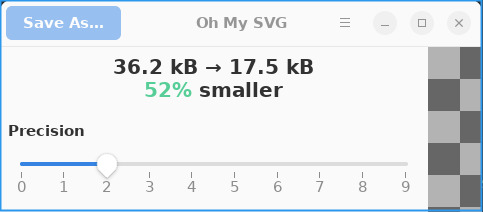 A screenshot of part of a window for the Oh My SVG app. The font for most of the text  - title, button, labels is a chunky displeasing font and not the one configured (which does appear to be used for the numbers on a slider control)