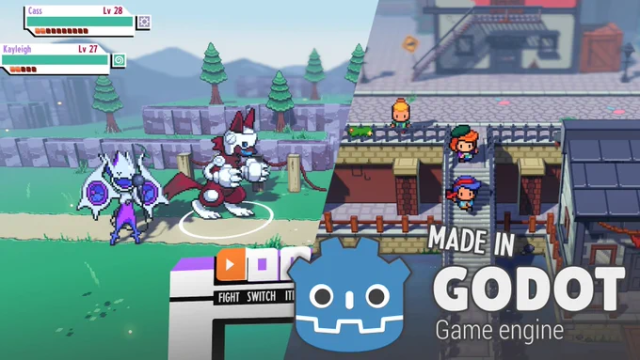 A screenshot of Cassette Beasts with the Godot logo and "Made in Godot Game Engine" overlaid.