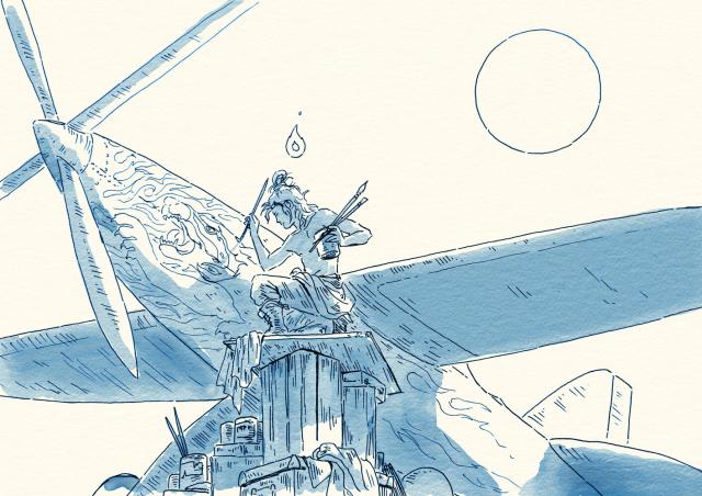 '"illustration with blue lineart and shading, picturing an artist painting a feline figure on the nose of a propeller airplane, he is hodling a pot of paint and brushes and looks very focused. A little flame floats above him, and a big round sun shines in the clear sky."'
