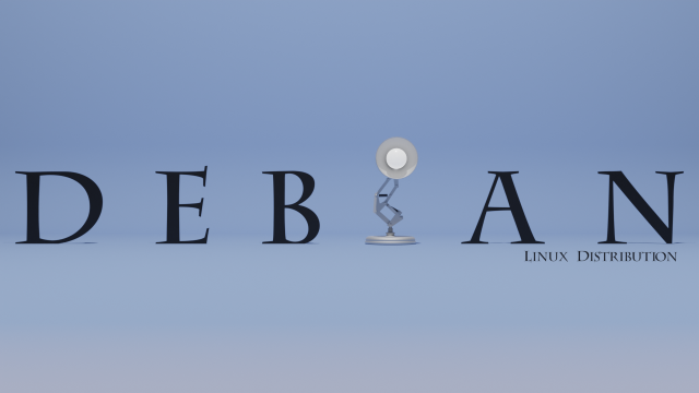 Pixar logo parody with the text swapped with "DEBIAN" (the lamp still replacing the I)