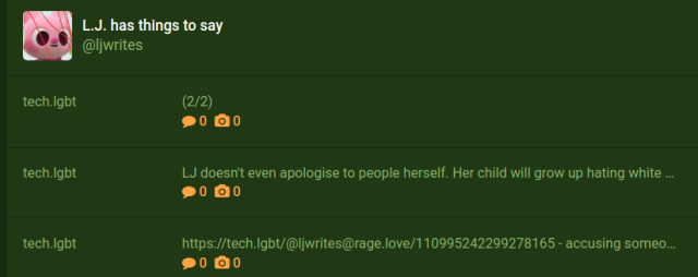 A series of three reports from a user from tech.lgbt. The third report simply consists of the text (2/2), likely because our orator ran out of space and wanted to mark the end of their rant.
