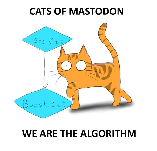 A cartoon of a ginger cat walking past a flowchart consisting of a diamond that reads 'See cat' pointing down to another diamond that reads 'Boost cat'. At the top of the image are the words 'Cats of Mastodon', and at the bottom it reads 'We are the algorithm.'