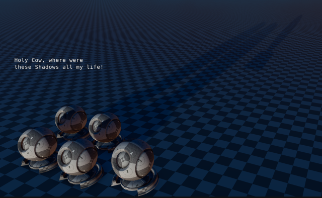 A couple of shaderballs in a test environment on O3DE, the sun is very low and the shadows are long and soft.