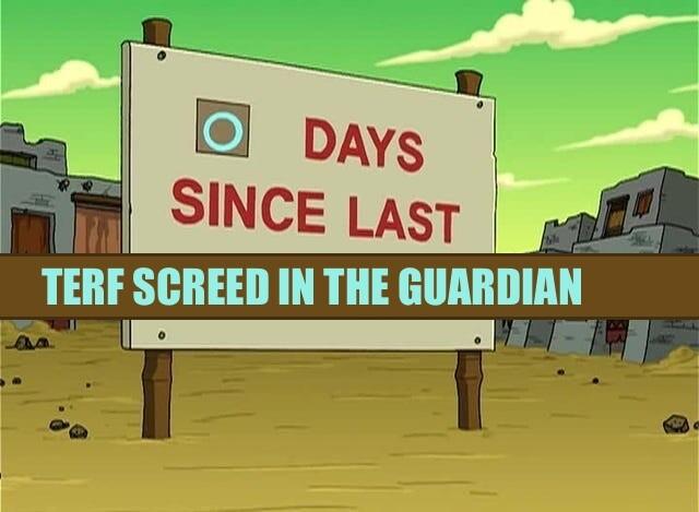 A cartoon image of a ‘days since last’ sign in a desert village. The number has been reset to zero, and below ‘since last’, a bar is superimposed over the entire width of the image, with ‘TERF screed in The Guardian’ as the text.