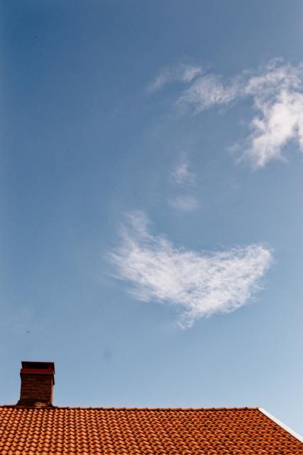 Orange roof, a chimney, and some light clouds.