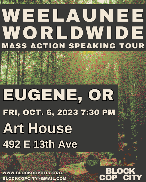 Flyer for: "Weelaunee Worldwide, Mass Action Speaking Tour"
