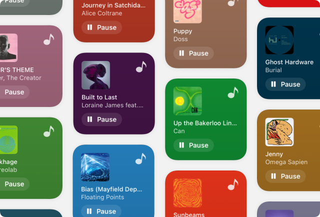 Promotional image of Doppler's iPhone Home Screen widgets. Widgets with different songs and music artwork are arranged in a colourful grid.