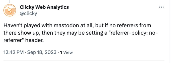 Haven't played with mastodon at all, but if no referrers from there show up, then they may be setting a "referrer-policy: no-referrer" header.