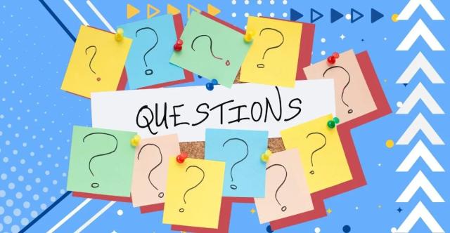 An image that has the word questions in the center and around it are a bunch of different color sticky-note like things with a question mark on each one.