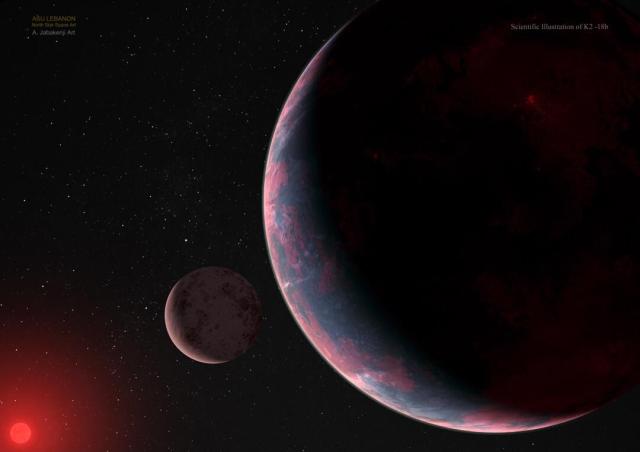 An artist's illustration pictures a cloudy red planet orbiting a distant red star. Near the exoplanet is a moon.