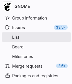 Gnome issues board has 33.5k issues and 2.6k Merge Requests.