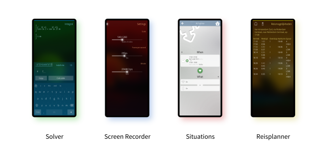 Screenshots of Sailfish OS apps: Solver, Screen Recorder, Situations and Reisplanner.