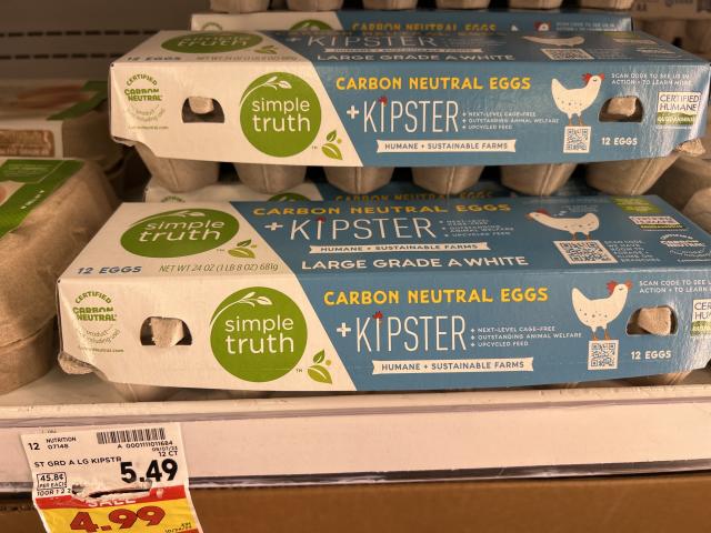 
Eggs labeled "carbon neutral" in a supermarket freezer section. The original price is 5.49 but it's on sale for 4.99. 