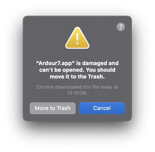 Apple macOS dialog saying that a downloaded application is damaged and can't be opened, and should be moved to the Trash.