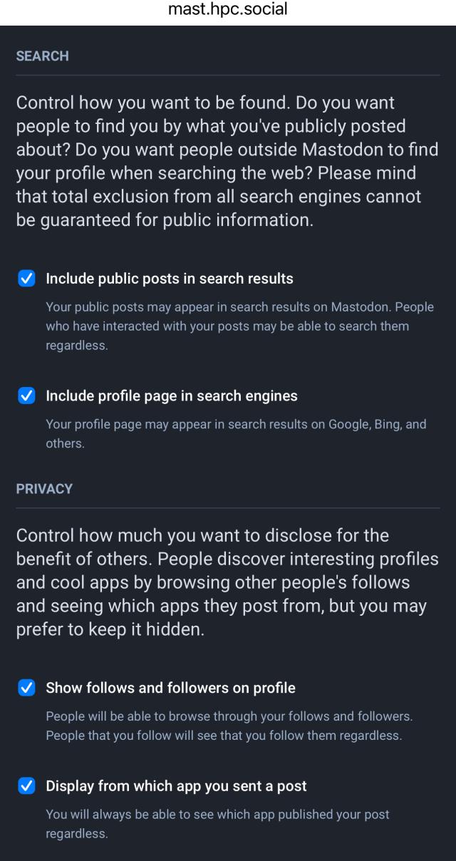 Settings menu for privacy showing the option selected for including posts from an account in public search results.
