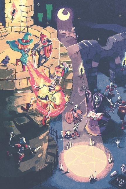 An illustrated fantasy scene in the courtyard of a keep. A Knight and a Wizard are seen on a tower to the left. An army of skeletons are approaching the tower. The wizard is casting a fire spell on one skeleton. Below, the moon is illuminating a pentagram on the floor. A cloaked skeleton holding a book points to the heroes at the top of the tower. 