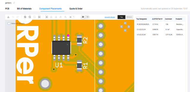 Screenshot of a yellow PCB project in the JLCPCBA assembly website preview.