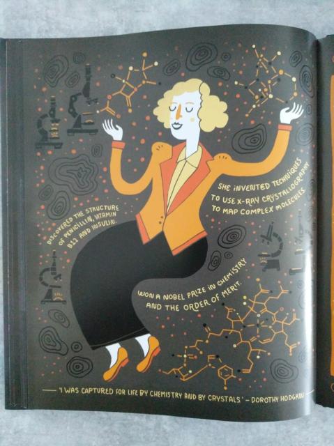 A photo from inside the book 'Women In Science' by Rachel Ignotofsky. The section depicts an illustration of the scientist Dorothy Hodgkin.