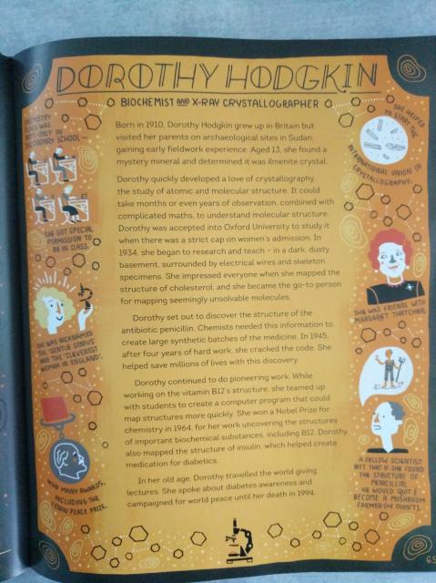 A photo from inside the book 'Women In Science' by Rachel Ignotofsky. The section describes the scientist Dorothy Hodgkin with small illustrations to either side of the page.