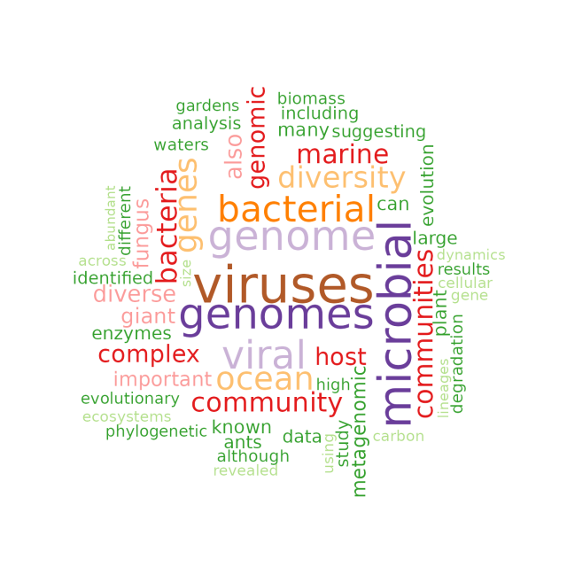 Word cloud + biggest words are viruses, genomes, bacterial, diversity, ocean, microbial.