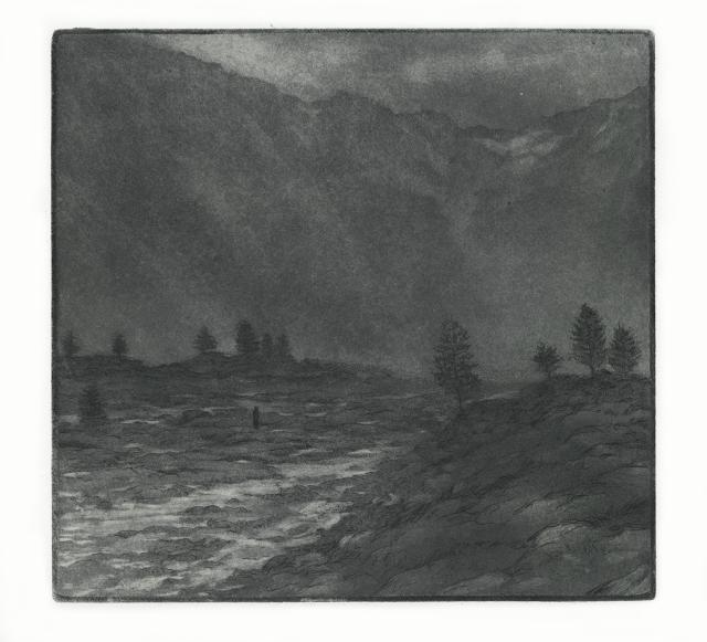 Landscape etching. Mountain river.