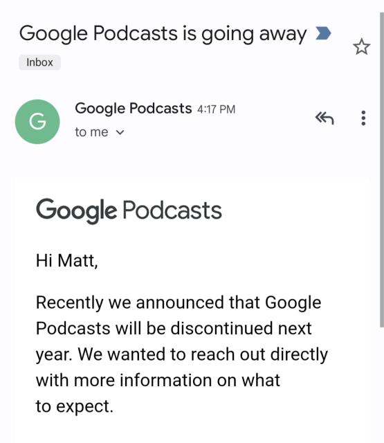 Email from Google announcing the end of life for Podcasts 