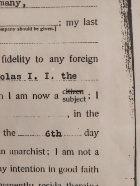 On an old form, "citizen" is crossed out above "subject"