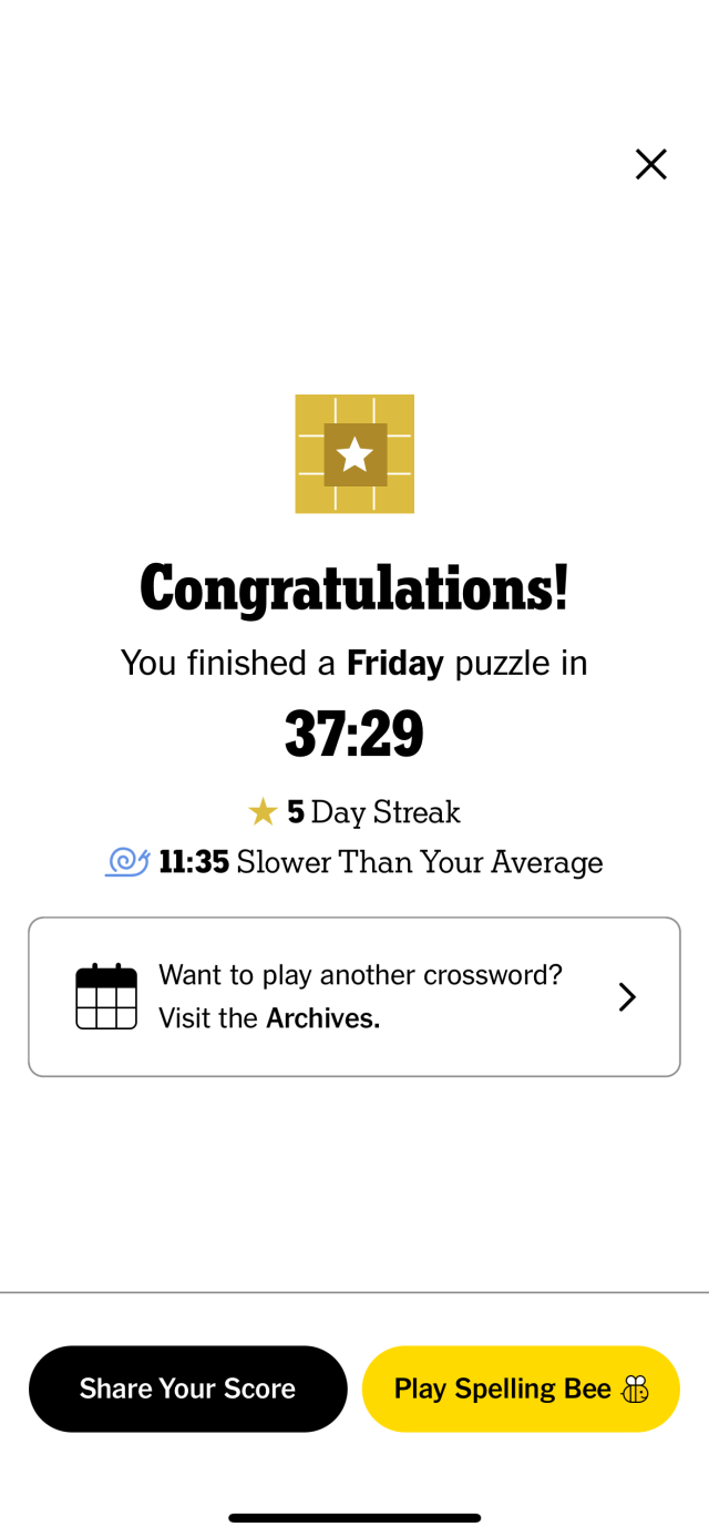 A screenshot of the nytimes games app with the gold crossword logo and text that reads “Congratulations! You finished a Friday puzzle in 37:29”