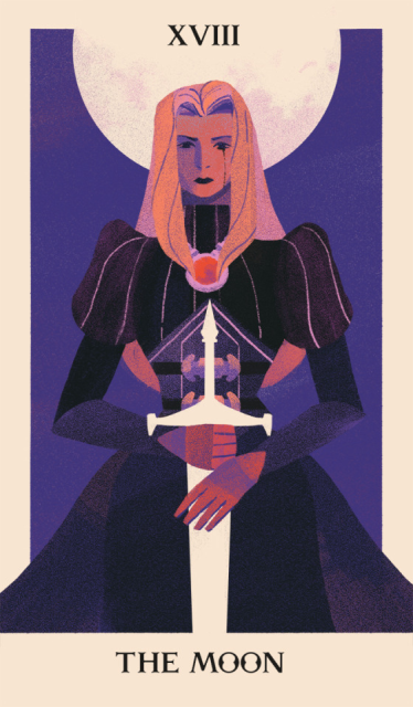Tarot card illustration of "XVIII The Moon" feautring a woman holding a sword.