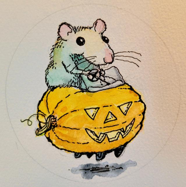 A rat driving a pumpkin car!